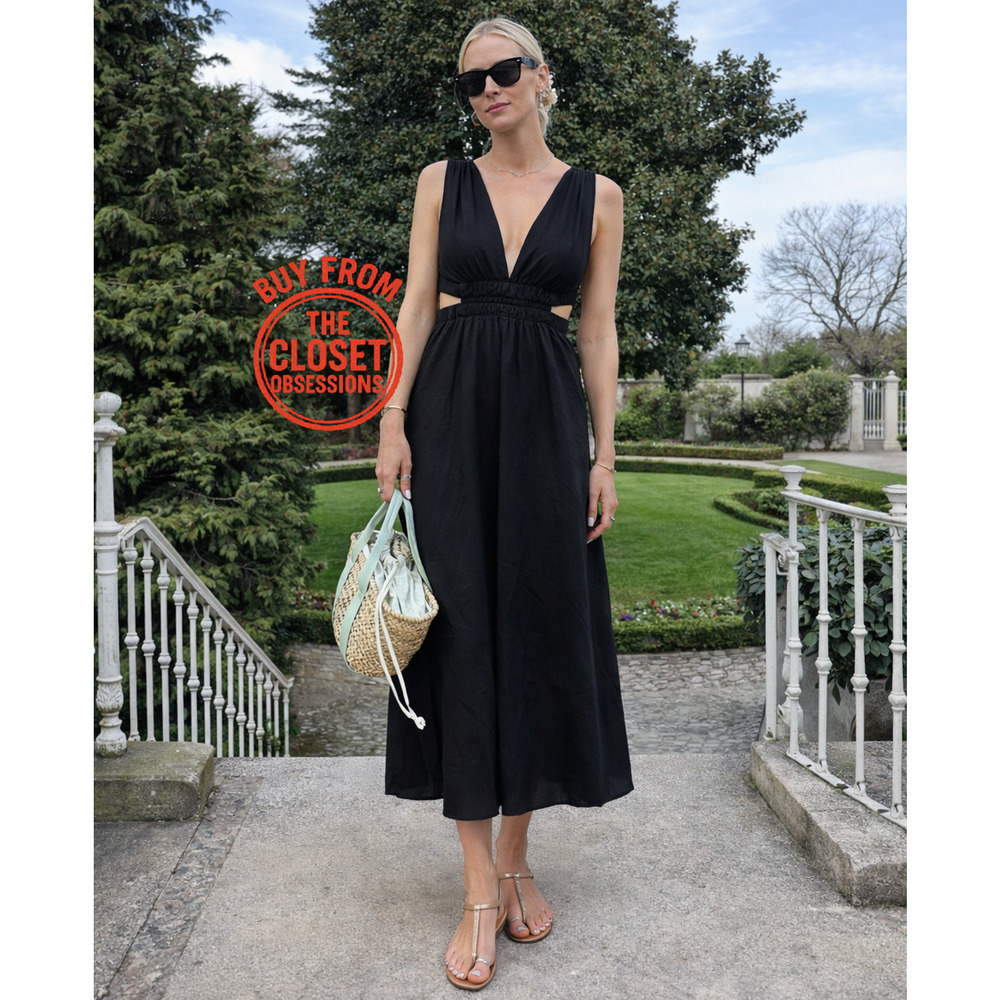 ZARA Black Linen Blend Maxi Dress NWT V Neck Resort Vacation Dress M